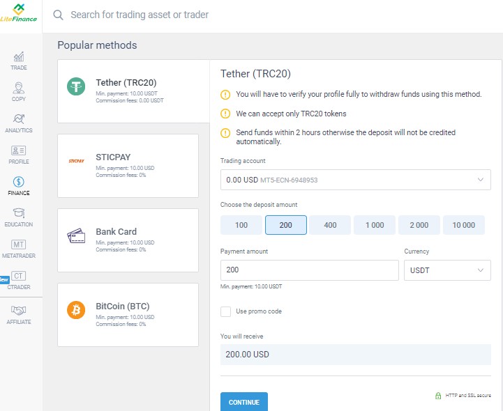 LiteFinance: account replenishment